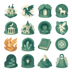 Fantasy papercut worlds isometric set. castle on floating island, dragon flying through clouds, enchanted forest gate, unicorn in glowing glade, magical