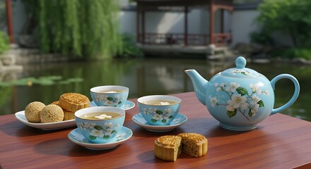 A delicate porcelain tea set in sky blue and pristine white, adorned with intricate hand-painted jasmine blossoms and gold accents. 