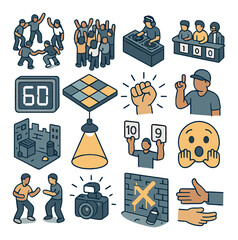 Street battle scenes isometric set. dance-off circle, cheering crowd, DJ booth setup, street judge panel, battle timer, glowing dance floor, beat drop icon