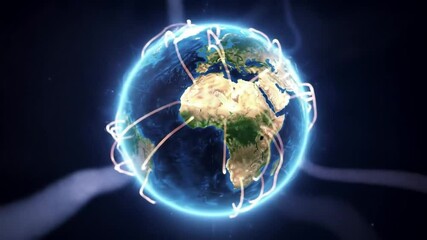 worldwide connection globe, Spinning earth with glowing lines connecting continents symbolizing global data flow communication technology and digital information exchange - Powered by Adobe