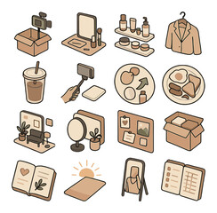 Influencer lifestyle trends isometric set. unboxing video icon, “get ready with me” setup, skincare shelfie, outfit of the day hanger, iced coffee cup.