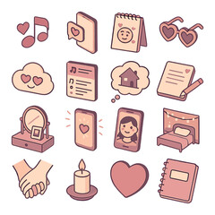 After school daydreams isometric set. music with hearts icon, phone with unread message, sketchpad with crush face, heart-shaped sunglasses, cloud with