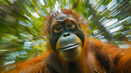 Obraz premium A close-up of an orangutan showcasing its expressive eyes and vibrant fur while surrounded by lush greenery, highlighting the beauty of wildlife in nature.