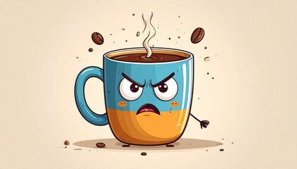 Angry cartoon coffee cup with steam and scattered beans on a tan background