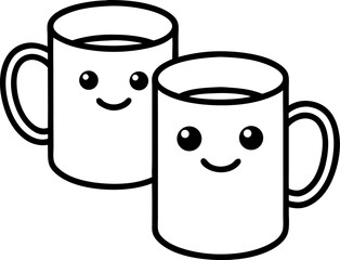 Smiling coffee mugs black and white illustration perfect for cafes and breakfast themes suitable for stickers logos and digital designs