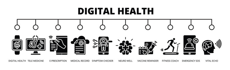 Digital Health banner web icon for health tracker, telemedicine, e-prescription, medical records, symptom checker, neuro well, vaccine reminder, fitness coach, emergency SOS, vital echo