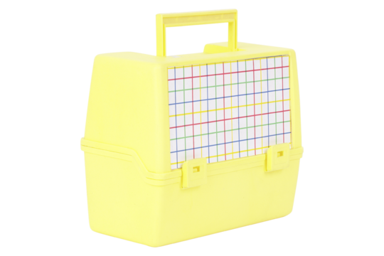 Retro yellow pet carrier with colorful grid pattern on white background isolated