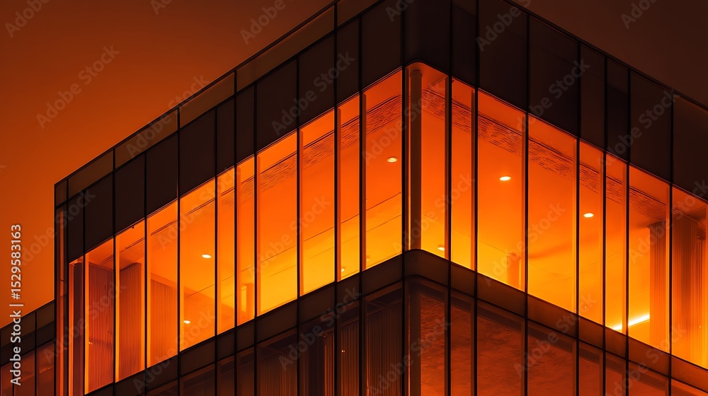 Poster a modern building made of glass and concrete is illuminated by vibrant orange lights, creating a str
