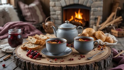 Fototapeta premium A rustic stoneware tea set in muted grays and deep berry hues, with simple, hand-painted patterns. The teacups hold warm berry herbal tea, with floating cranberries and dried orange slices.