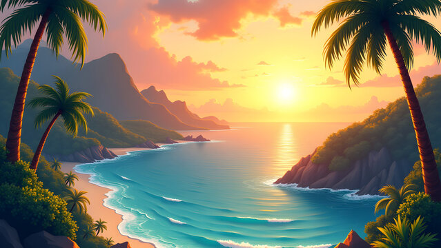 Scenic coastal view with palm trees, mountains, and clear blue water under a warm golden sky at sunrise
