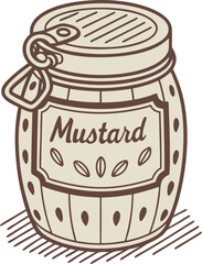 Vintage style illustration of a mustard jar with a decorative label and lid emphasizing culinary condiments and food themes