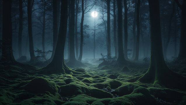 A mysterious forest path under a full moon with tall trees and mossy ground in a dark and moody scene