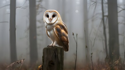 Barn Owl on Wooden Post in Foggy Forest