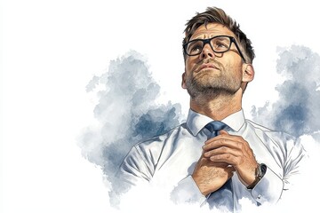 Pensive Man Adjusting Tie Watercolor Portrait