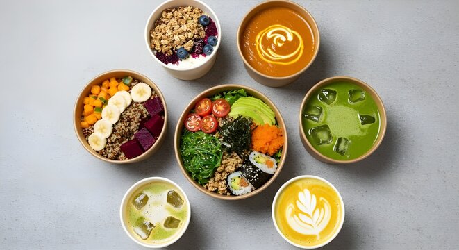 Healthy takeaway meals arranged in artistic circular gray stone setup.