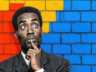 Pensive Man in Suit Against a Bold Multicolored Brick Wall