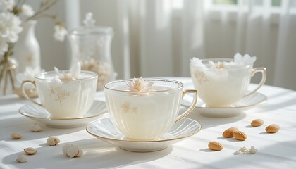 Fototapeta premium A translucent bone china tea set in pure white with delicate gold accents, and a subtly rippled surface. The teacups hold light, ethereal white tea, with a visible flowering tea bloom slowly unfurling