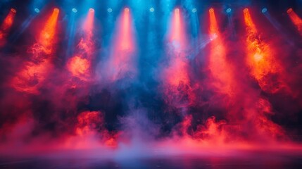 Fototapeta premium Dynamic and colorful stage lighting creates a vibrant atmosphere for a performing arts show, blending striking colors like red and blue with swirling smoke for a captivating experience.