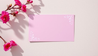 subject on the right side of the image, a blank tent card mockup on a light background, bold magenta tones accentuate the crystal clear style, ample copy space on the left for text or design elements