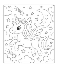 Cute Flying Unicorn Coloring Page for Kids – Night Sky Stars and Clouds