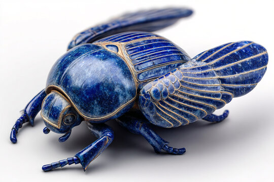 A photorealistic lapis lazuli figurine of an Egyptian scarab with carved wings