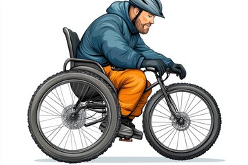 Person in Blue Jacket and Orange Pants Using All Terrain Wheelchair