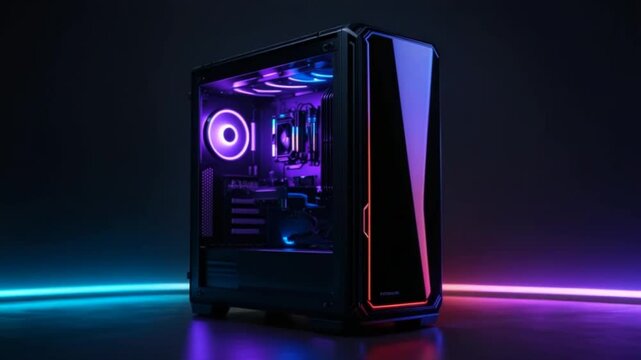 Amazing PC gaming computer with colored lights in a futuristic technological environment
