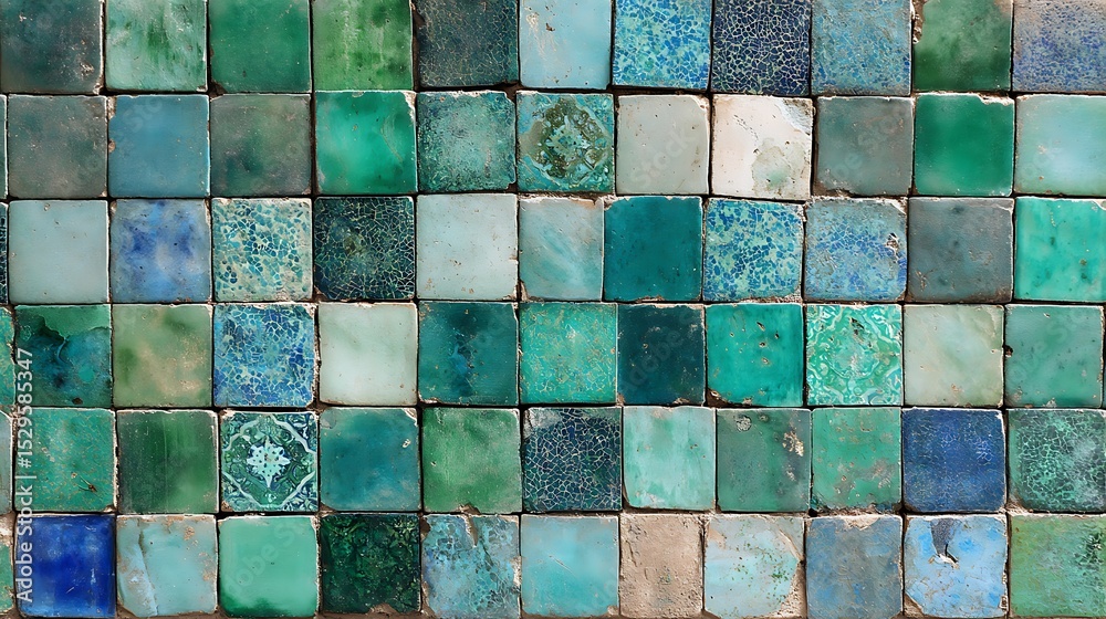 Poster background texture of old handmade green and turquoise ceramic mosaic tiles with wide field of view