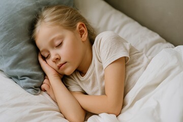 young girl is sleeping peacefully in bed.
