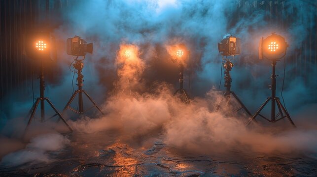 This imagery portrays a dramatic lighting setup amidst smoke, capturing a theatrical ambiance that showcases the artistry of stage design and lighting technology.
