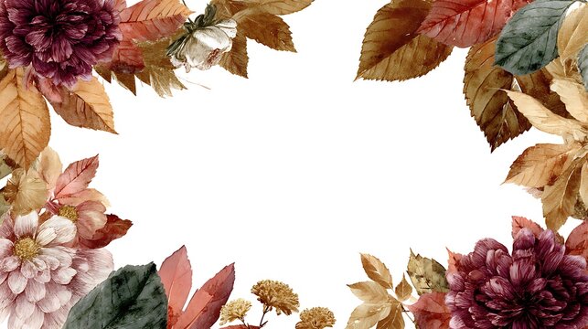 Botanical frame from fall foliage and flower, beginning of autumn, hello fall, watercolor style