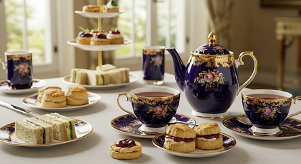 Fototapeta premium A stately porcelain tea set in deep navy and gold, with intricate floral patterns. The teacups hold strong English Breakfast tea, with a splash of milk. The table features delicate finger sandwiches a