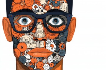 Pixelated Collage Portrait A Close Up of a Face Adorned with Orange and Black Patterns