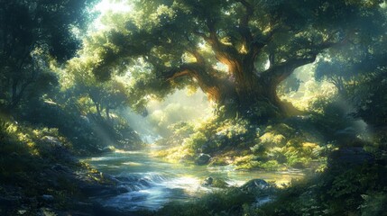 Obraz premium Sunlit Forest Stream with Lush Green Foliage