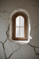 Rustic Stone Wall with Arched Wooden Window in Sunlight