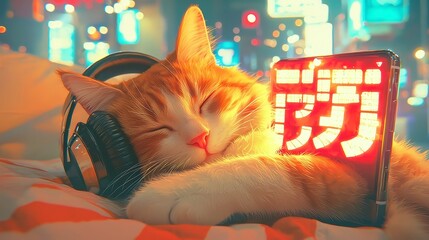 Cozy Anime Vibes, a 1990's-inspired scene featuring a cat lounging beside headphones on a bed, with a lo-fi playlist playing softly on a phone, warm fairy lights creating a serene ambiance.