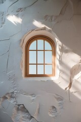 Rustic Stone Wall with Arched Wooden Window in Sunlight
