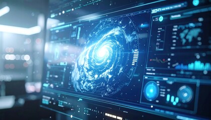 Glowing screen showing galaxy data with charts and maps in a modern, futuristic setting