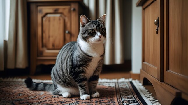 Gray Tabby Cat Sitting on Carpeted Floor Near Wooden Furniture
