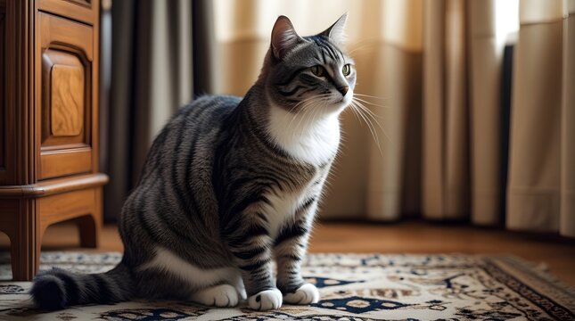 Gray Tabby Cat Sitting on Carpeted Floor Near Wooden Furniture