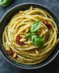 Delicious Pasta with Pesto, Pine Nuts, and Sun-Dried Tomatoes
