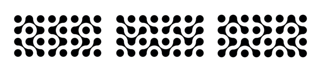 Collection of black metaball template patterns on white background. Connected dots of liquid drop. Vector design elements for banner, poster, packaging, placard, branding.