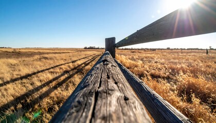 Sunlit fence stretches into vast golden field, under a clear blue sky