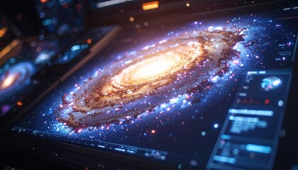 Glowing galaxy on digital interface with nebulae, stars, & data