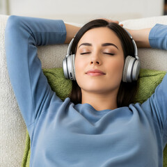 A peaceful young adult female, appearing serene, relaxes with eyes closed, wearing headphones and enjoying music or an audiobook on a sofa