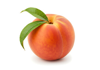 A Single Ripe Peach with Green Leaves Isolated on White Background Studio Shot of Fresh Juicy Peach Fruit