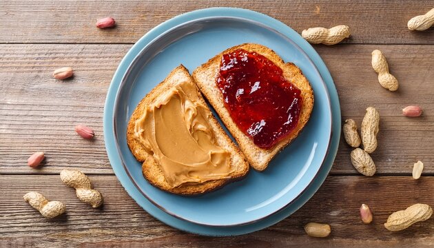 Peanut butter and jelly sandwiches on a pale blue plate on wooden table Generated image