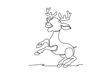 One continuous line drawing of cartoon of deer. Wild animal deer with antlers is dynamic silhouette in simple linear style. Animals minimalist concept. Cartoon minimalist concept.