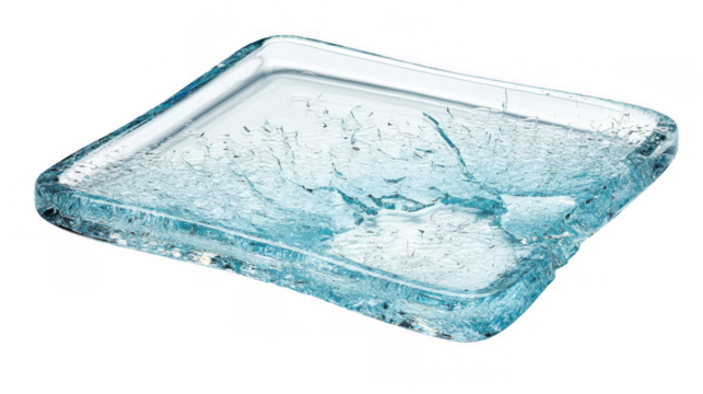 Light blue broken glass plate with cracks and a shattered surface isolated on a transparent background, perfect for compositing and design projects