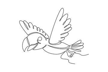 One continuous line drawing of bird cartoon. Wild animal deer with antlers is dynamic silhouette in simple linear style. Animals minimalist concept. Cartoon minimalist concept.